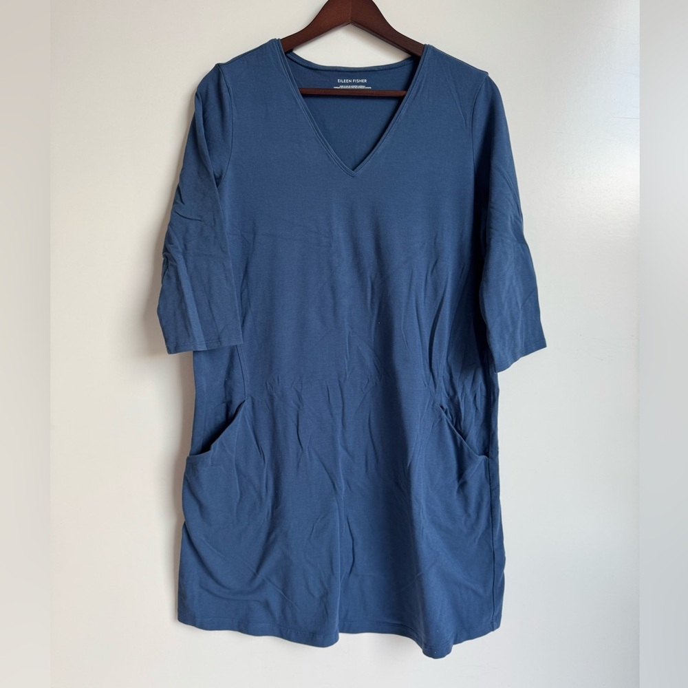 Eileen Fisher V-neck shift dress 3/4-length sleeves side pockets Blue Small Midi